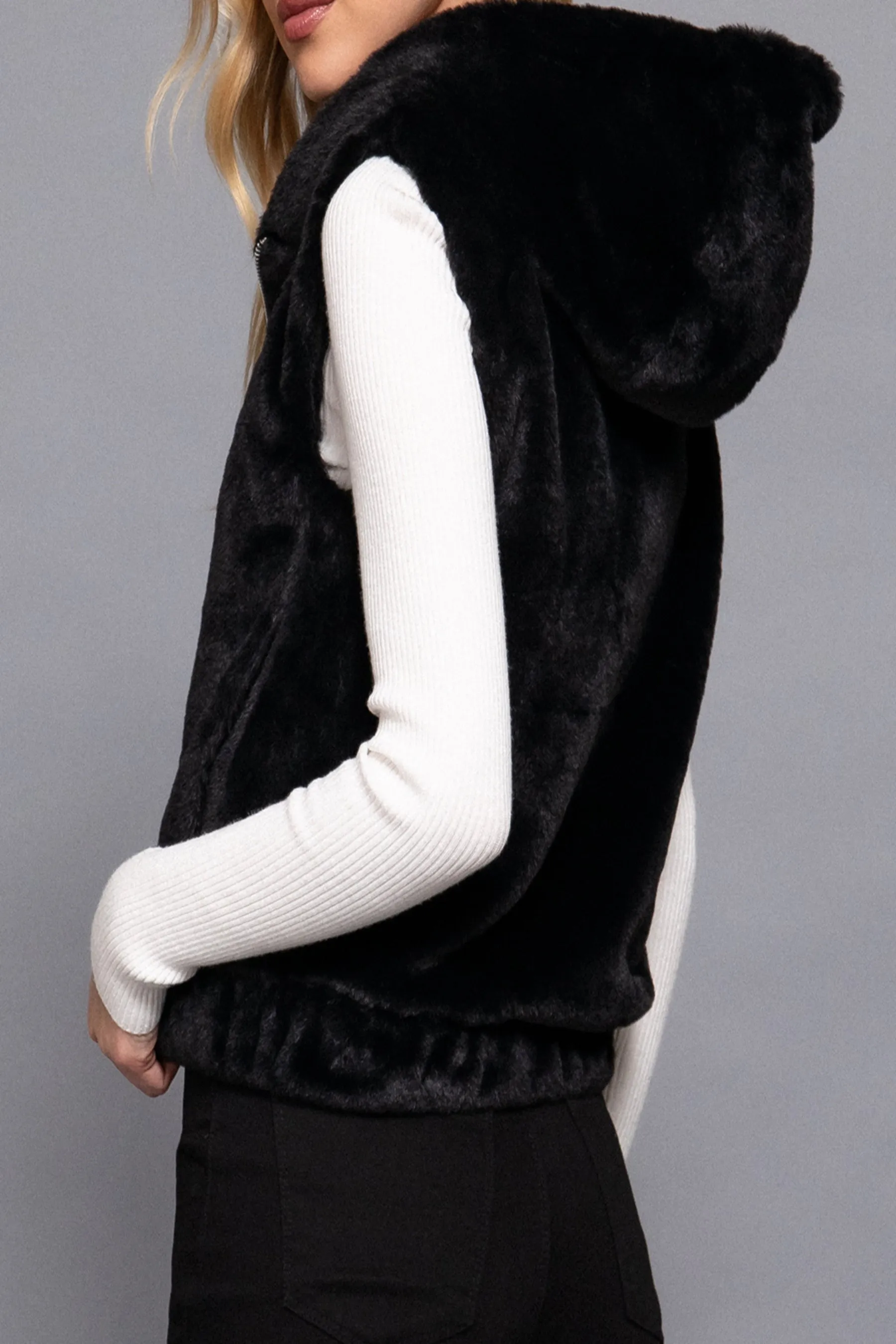 Women's Hooded Faux Fur Vest - Soft Polyester, Sleeveless Layering Vest