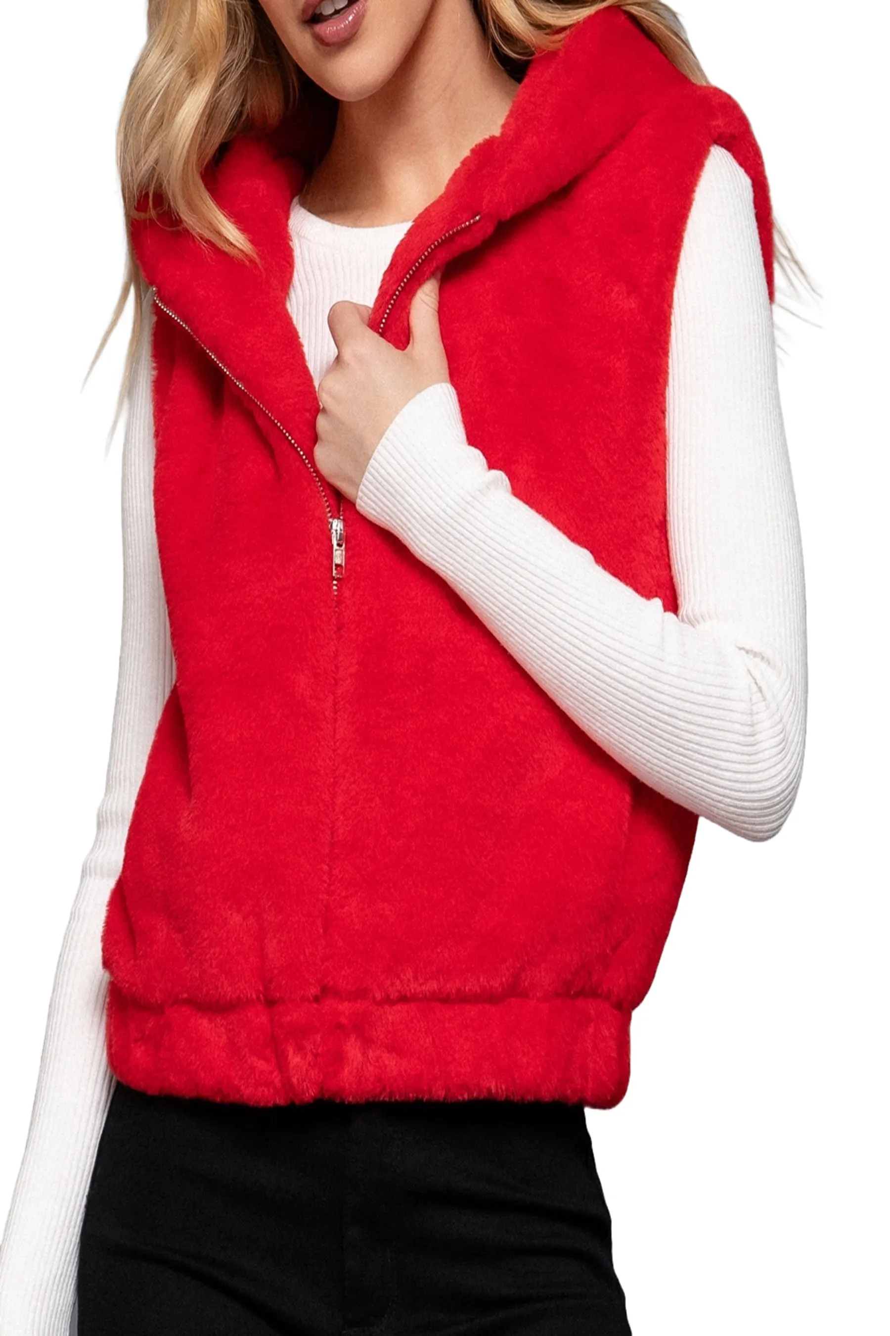 Women's Hooded Faux Fur Vest - Soft Polyester, Sleeveless Layering Vest