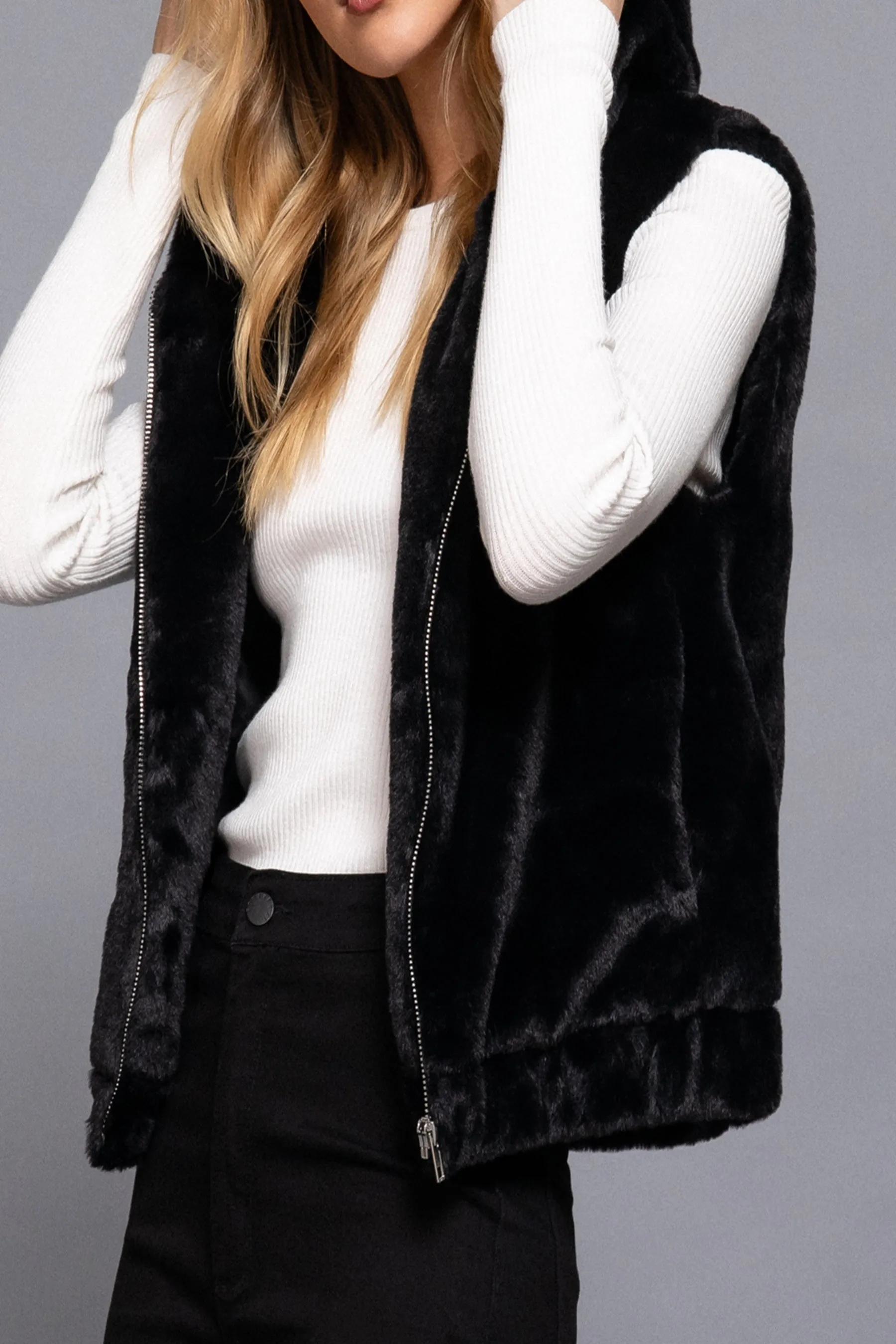 Women's Hooded Faux Fur Vest - Soft Polyester, Sleeveless Layering Vest