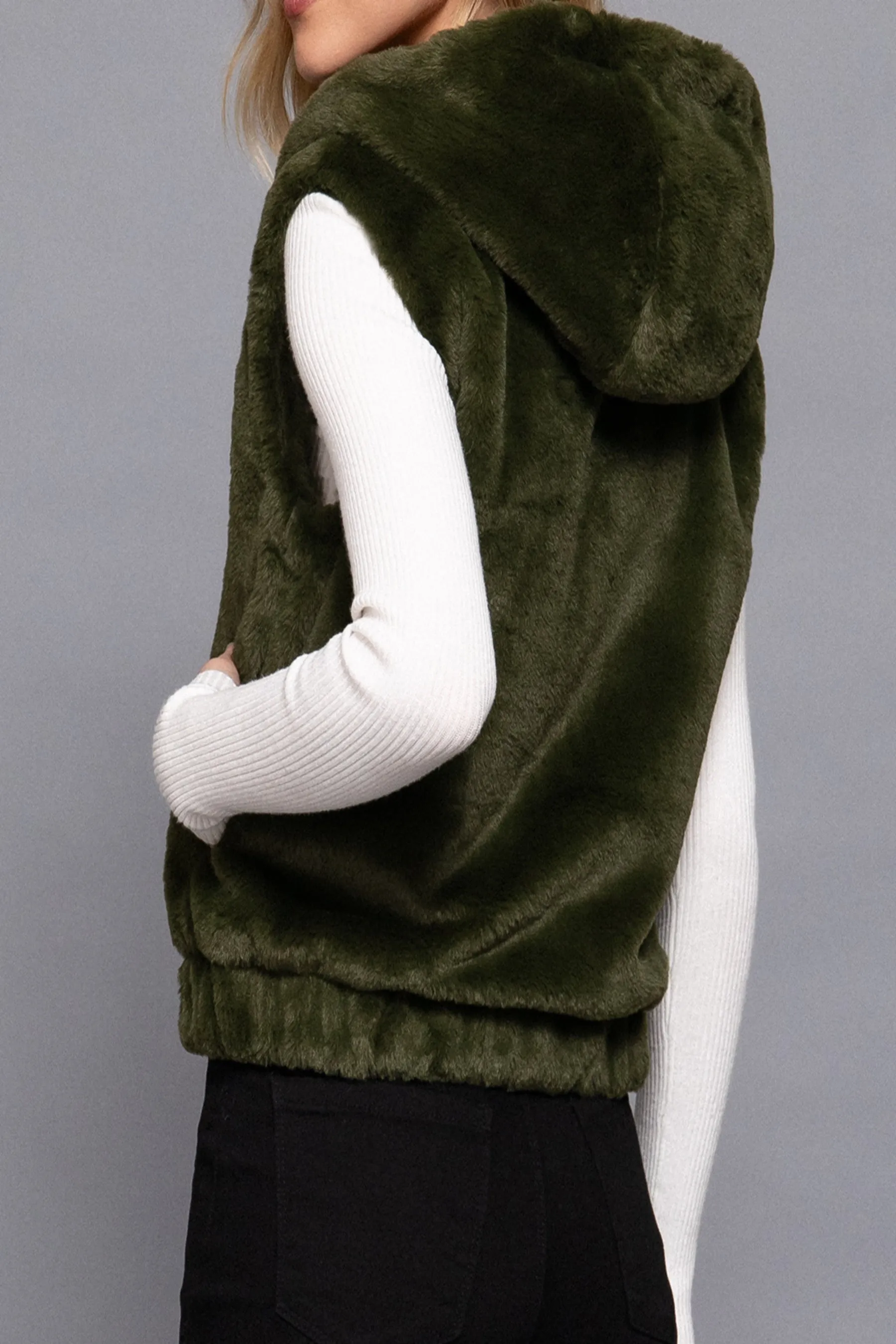 Women's Hooded Faux Fur Vest - Soft Polyester, Sleeveless Layering Vest