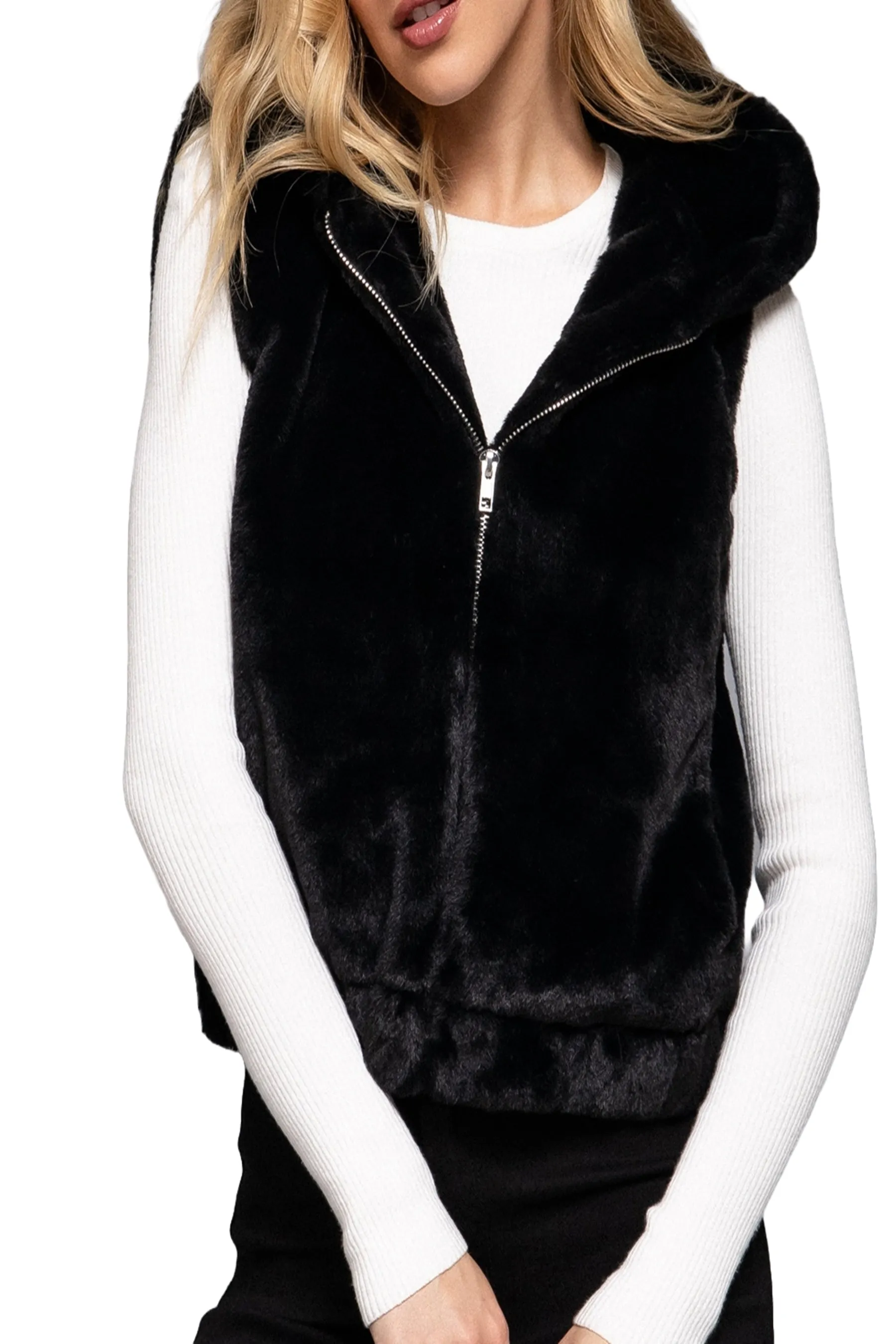 Women's Hooded Faux Fur Vest - Soft Polyester, Sleeveless Layering Vest