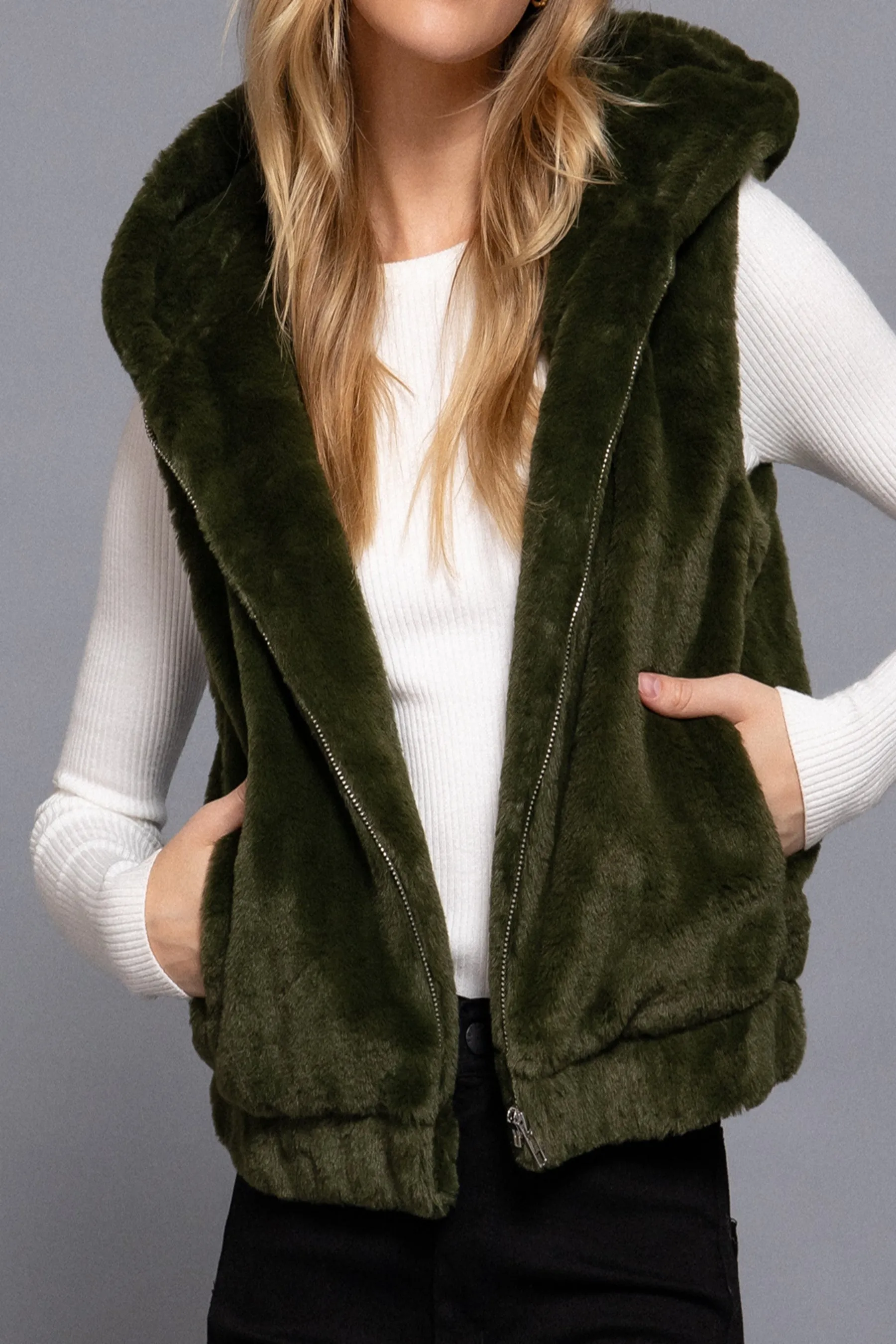 Women's Hooded Faux Fur Vest - Soft Polyester, Sleeveless Layering Vest