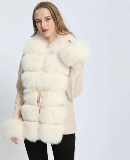 Womens ‘Lili’ knit cardigan jacket with fur trim - Beige