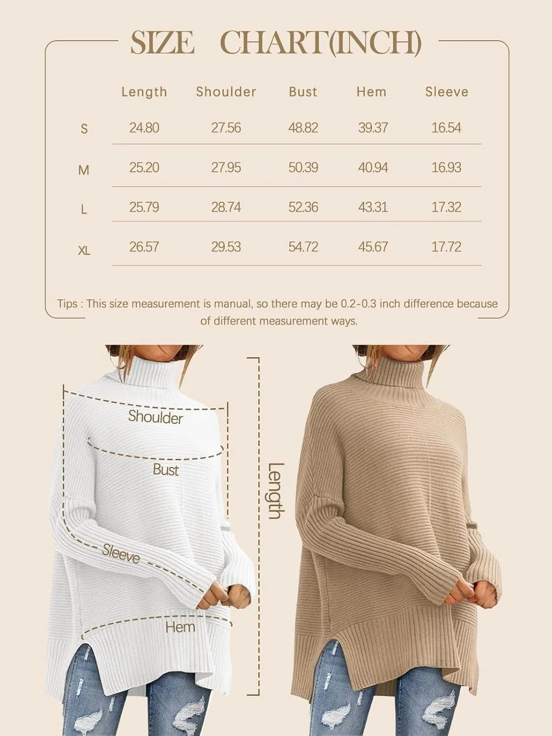 Women'S Oversized Turtleneck Sweaters 2024 Fall Batwing Sleeve Ribbed Tunic Sweater