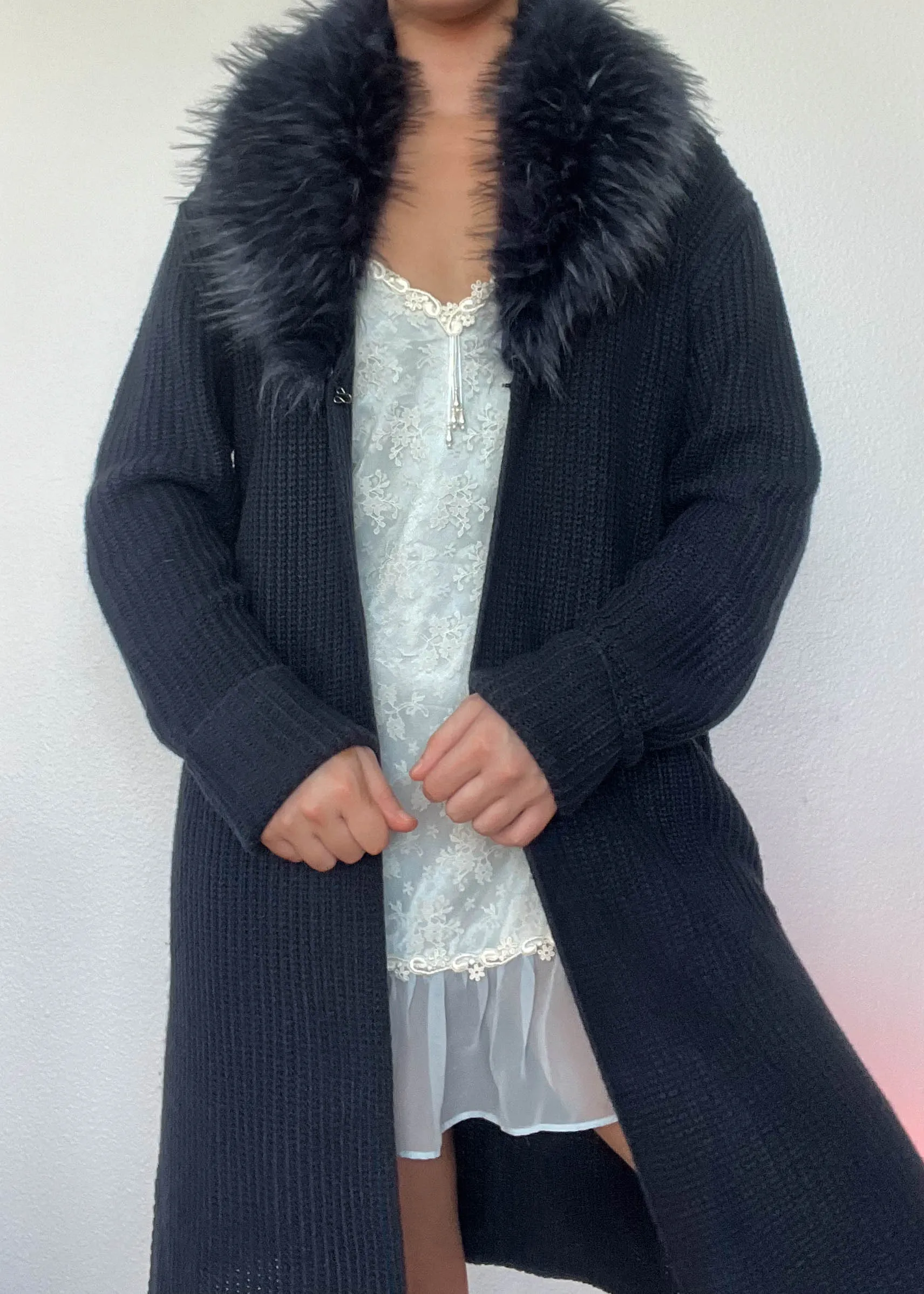 Y2k Navy Fur Collar Cardigan (L)