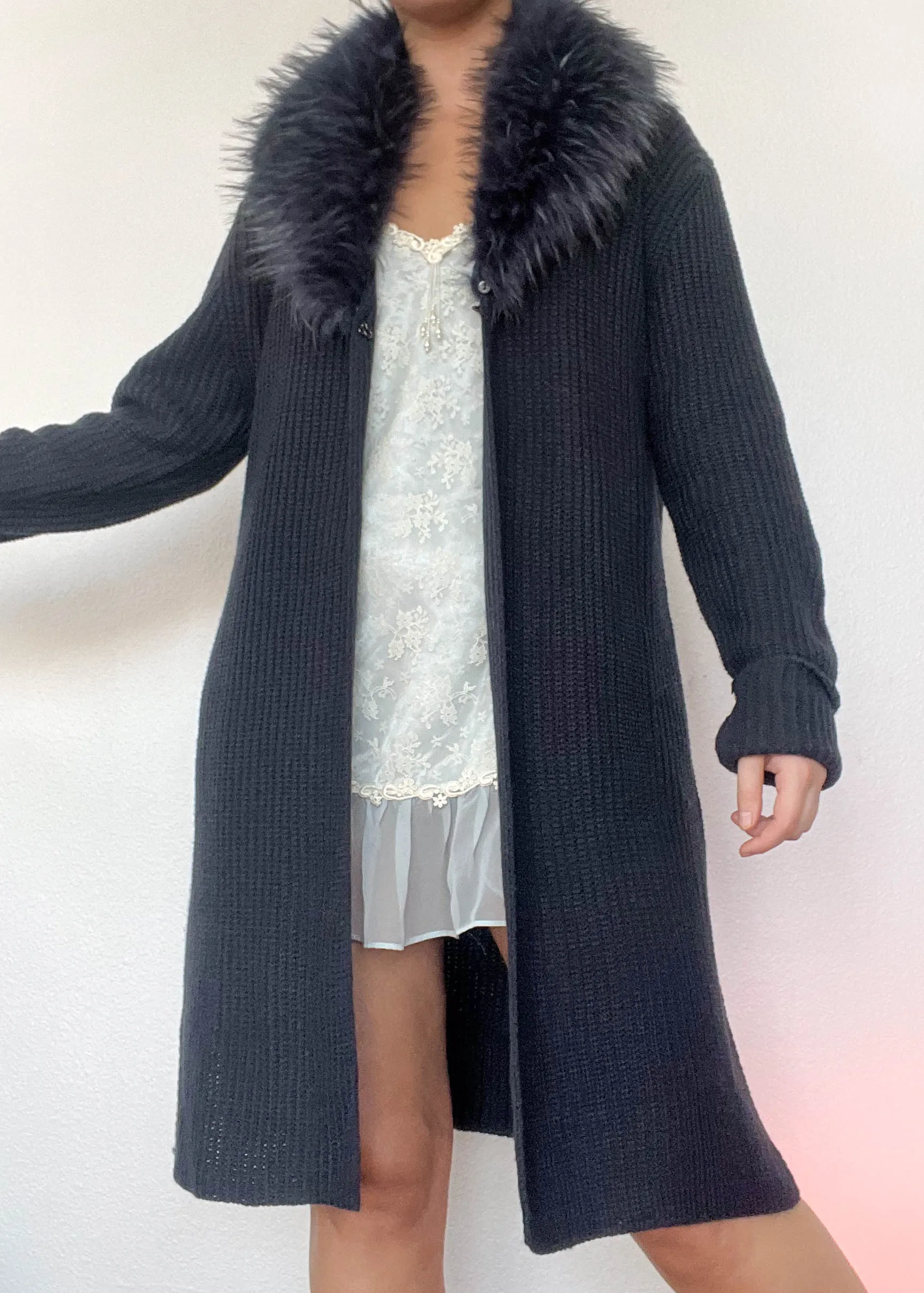 Y2k Navy Fur Collar Cardigan (L)